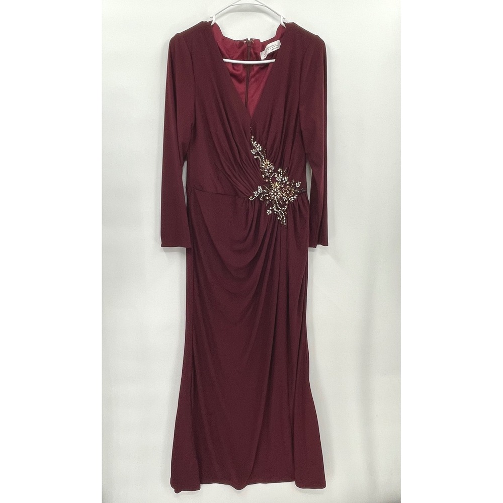 Mac Duggal 16 Evening Gown Women Burgundy Long Sleeve Beaded Ruched Formal